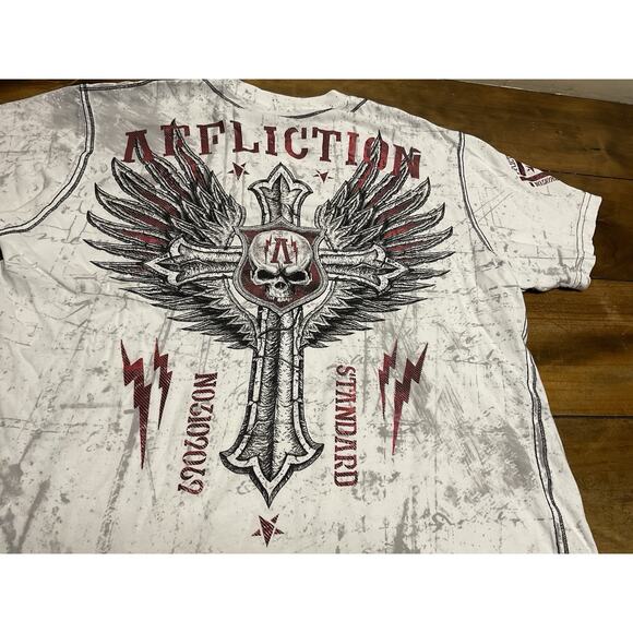 AFFLICTION Y2K Shirt Men’s White Size 2XL Distressed Cross Grunge Punk - Picture 8 of 8